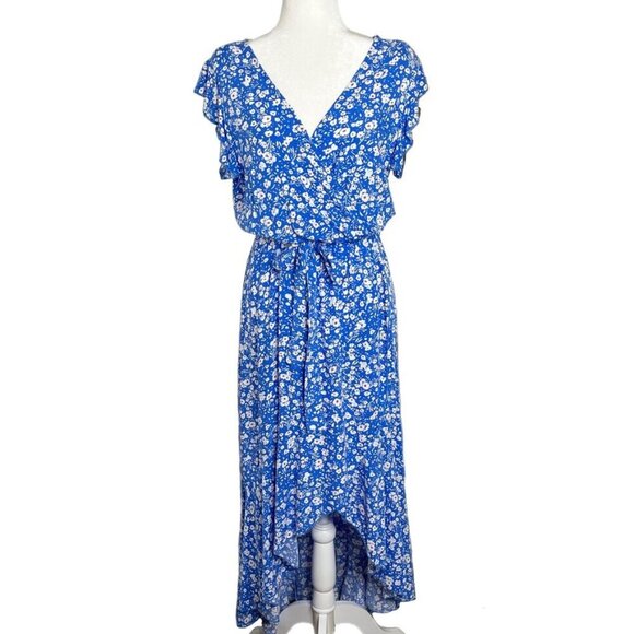 Grecerelle Womens Maxi Dress M Blue Floral Print Faux Wrap Short Sleeve High Low - Picture 1 of 10